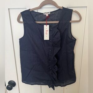 Kiup Navy Linen Blend Ruffle Button Blue Sleeveless Tank Top Size Small NWT